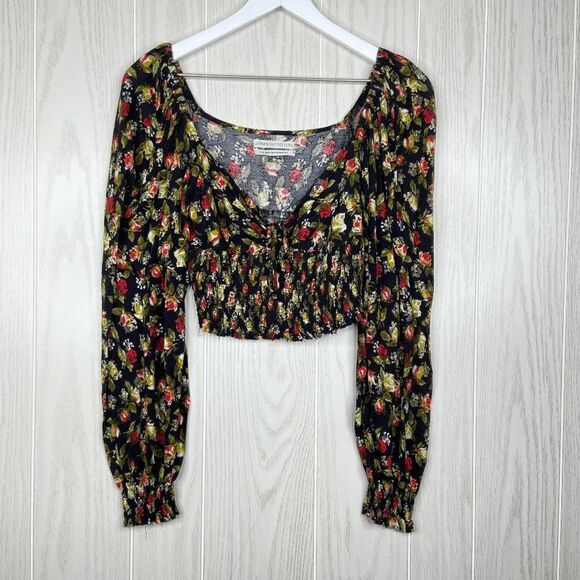 Urban Outfitters Smocked Floral Long Sleeve Blouse Black Womens Size Large - Picture 1 of 9